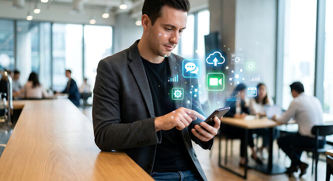 Businessman using smartphone with projected digital icons in a modern office, representing cloud computing, data analysis, and online communication