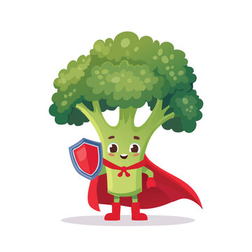Cartoon broccoli superhero with red cape and shield isolated on white