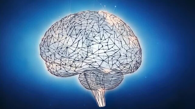 Futuristic image of a human brain rendered with interconnected lines and glowing effects