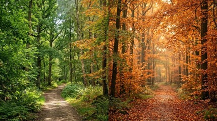 Obraz premium A forest path transitions from lush green to vibrant autumn colors.