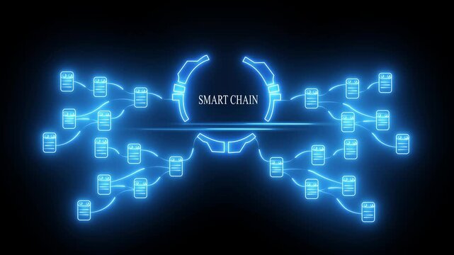Smart chain blockchain network visualization: glowing digital data nodes and decentralized ledger technology concept