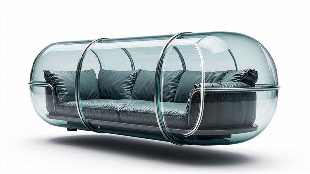 Futuristic Living Space Concept A Transparent Capsule Housing a Stylish Sofa