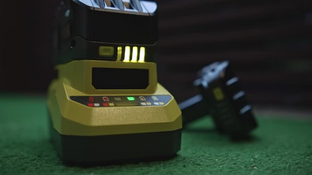 Charging battery for power tool with bright indicator lights showing status demonstrates energy restoration process and equipment preparation for further use