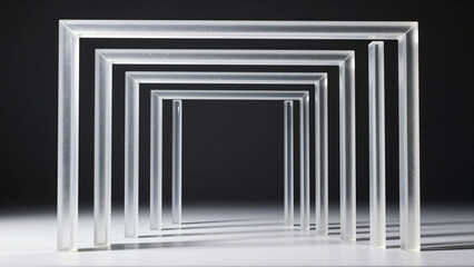 Naklejka premium Abstract series of clear rectangular structures forming a receding tunnel of light and shadow on a dark background