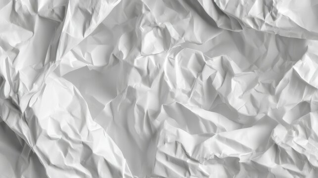 A grayscale crumpled white paper with intricate folds and creases, highlighting texture and shadows in a minimalist styl