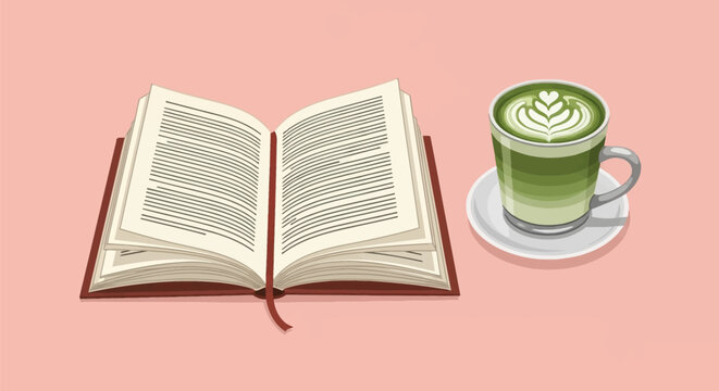 Flat vector illustration featuring an open hardcover book with a red ribbon bookmark alongside a glass cup of matcha green tea latte with heart latte art on a pink background.