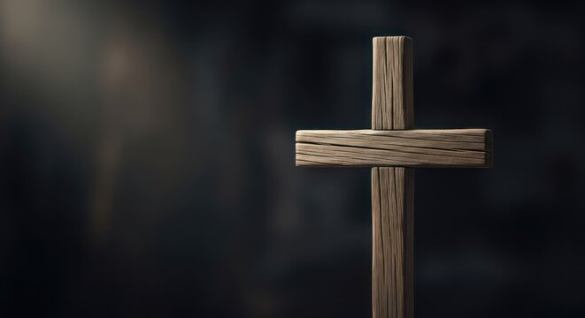 A wooden cross stands prominently against a dark, blurred background. The cross is simple and rustic, with a textured surface and a central vertical beam supporting a horizontal beam. 