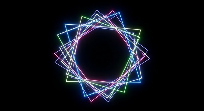 Abstract neon glowing square frames rotating background, geometric light shapes with vibrant multi-color gradient lines, modern futuristic digital art wallpaper on black space