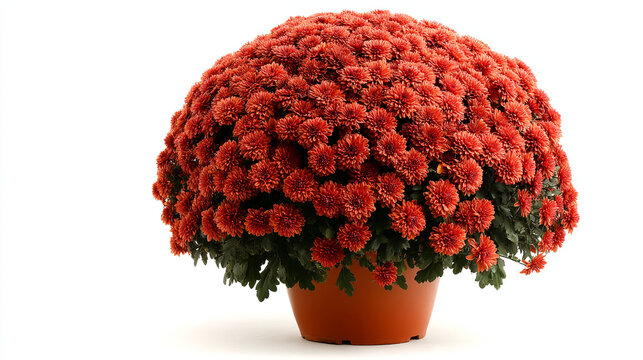 Large round bush of red chrysanthemum flowers in a brown pot isolated on a white background