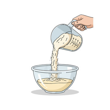 Vector illustration of a human hand pouring white flour from a plastic measuring cup into a clear glass mixing bowl containing batter, isolated on a white background.