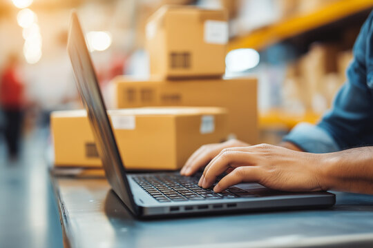 E-commerce order management system. Fulfillment operations software for online store. Businessman using laptop computer to process orders