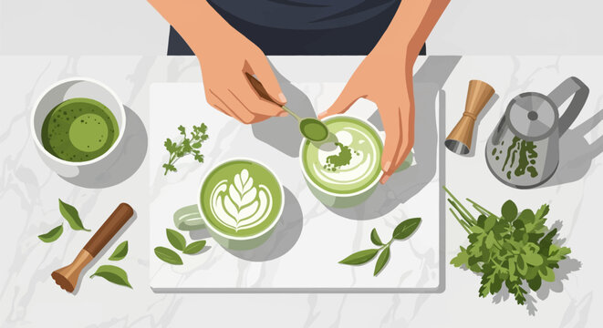 Flat lay vector illustration of hands using a spoon to prepare matcha lattes on a marble counter with green tea powder, ceramic mugs with latte art, and fresh green tea leaves.