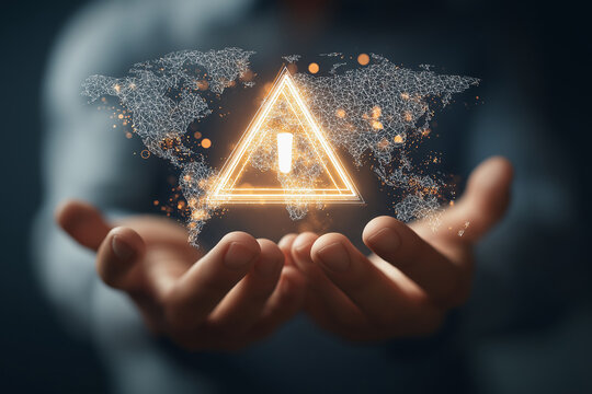 Geopolitical risks and instability in international relations. Assessing the impact of international conflict and trade war. Business person holding a world map and warning triangle icons