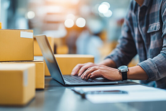 E-commerce order management system. Fulfillment operations software for online store. Businessman using laptop computer to process orders