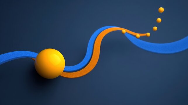 A vibrant yellow sphere and a flowing blue orange ribbon with diminishing yellow spheres creating motion against navy bl