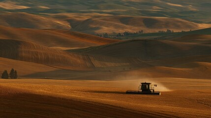 Fototapeta premium A solitary agricultural harvester works across golden rolling fields bathed in warm sunlight