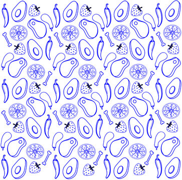 Food ingredient seamless doodle blue line pattern vegetable on white background. Ideal vector design for printed scarf, healthy food package, organic farm, fresh produce farm, textile, fabric.