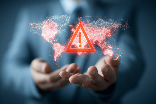 Geopolitical risks and instability in international relations. Assessing the impact of international conflict and trade war. Business person holding a world map and warning triangle icons