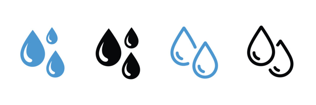 Water drops icon vector pack with rain droplet shapes in editable outline, glyph, flat, and clean design isolated background