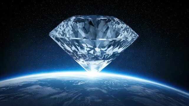 A giant diamond hovers above Earth in space, radiating light. The starry sky is the backdrop