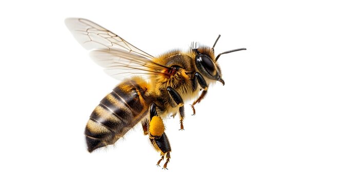 Close-up Macro Shot of a Honey Bee in Flight Against a White Background.