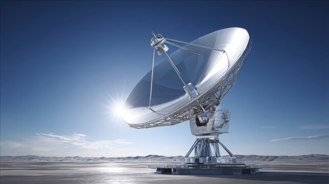 Large parabolic satellite dish antenna angled towards the bright sun and clear blue sky, symbolizing communication and space exploration