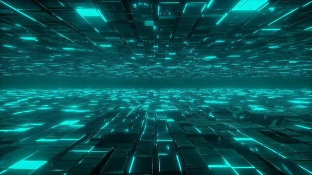 Abstract digital landscape with glowing cyan rectangles forming a futuristic grid, representing data flow and technological infrastructure.