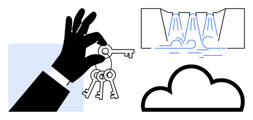 Data security, cloud storage, access management, information flow, system control, and digital safety. A hand holding keys, a flowing data stream and a cloud graphic. Data security and cloud storage © robu_s