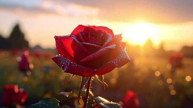 Red rose with dew drops at golden sunrise in a beautiful garden