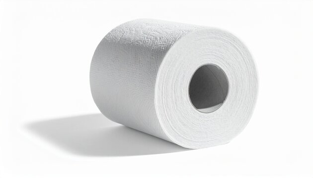 Close-up view of a clean, single white toilet paper roll, casting a soft shadow on a pristine white surface. Symbolizing essential hygiene, daily comfort, and household needs