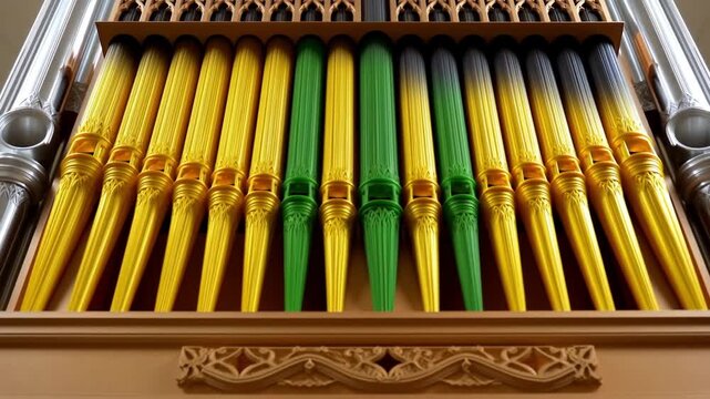 漆黒の樹脂に黄金の装飾が施されたパイプオルガンの精密な物理構造