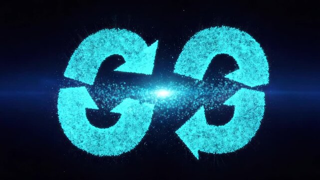 Abstract illustration with two opposing circular arrow symbols, made of turquoise particles