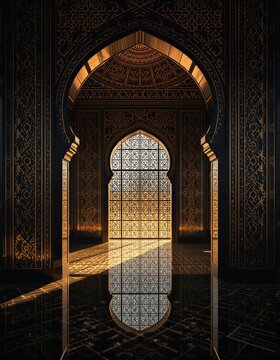 Islamic arch interior golden light mosque entrance luxury design