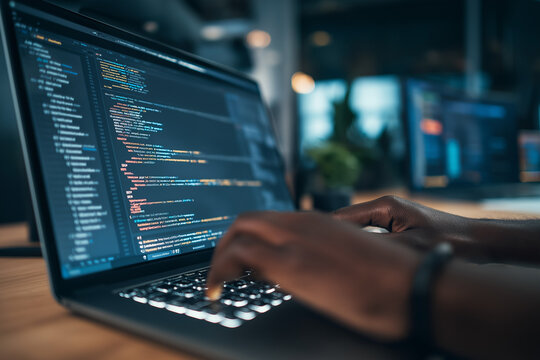Low-code or no-code development platform. Solutions for creating software without coding. Business person using a laptop to build applications