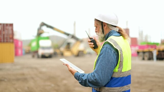 Professional logistics manager in safety gear coordinates shipping operations using a digital tablet and walkie talkie
