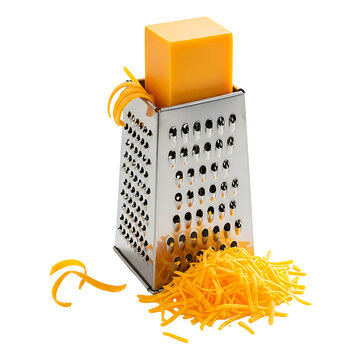 box of cheddar cheese on grater with shredded cheese isolated on transparent background