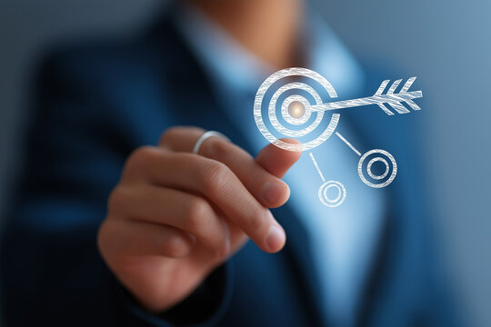 Objectives and key results OKR management tool. Enterprise goals management platform. Businessperson holding arrow and target icons
