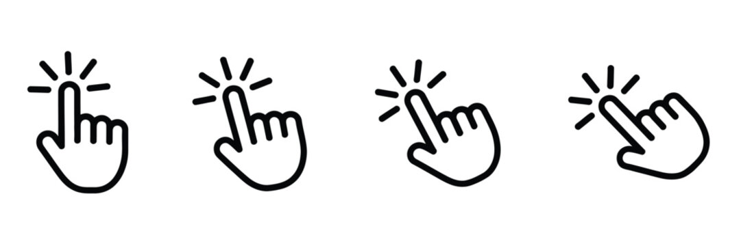Hand cursor icon, click pointer symbols, digital navigation graphics, user interface selection concept, vector illustration