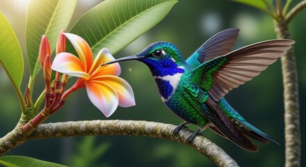 Obraz premium vibrant green hummingbird feeding on tropical white orchid in lush rainforest sunlight