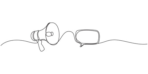 Continuous single line sketch drawing of megaphone speaker with bubble chat. Megaphone in one line art style.  © samiya