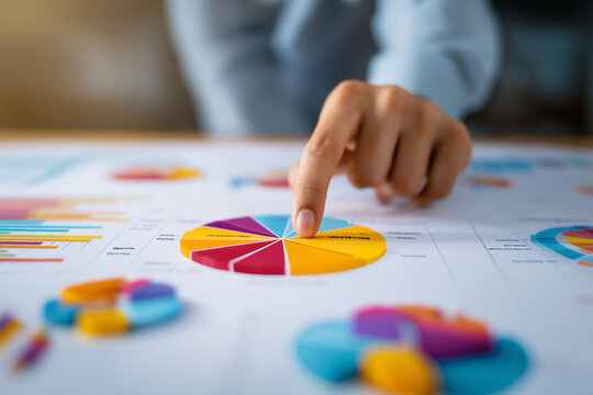 Pie chart analysis. Analysis of market share or sales composition. Businessperson tapping charts on analytics dashboard