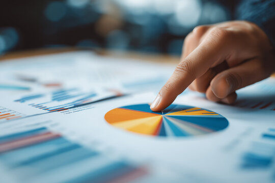 Pie chart analysis. Analysis of market share or sales composition. Businessperson tapping charts on analytics dashboard