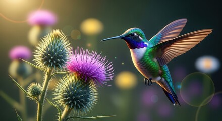 Obraz premium vibrant hummingbird in flight feeding on purple thistle flowers in golden sunlight