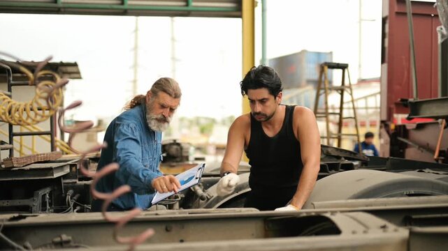 Professional truck maintenance. A senior supervisor and young mechanic inspect a heavy vehicle engine at an industrial repair shop