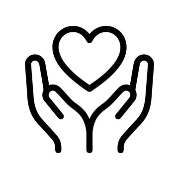Black outline icon of two human hands holding a heart shape symbol representing love care charity and health support