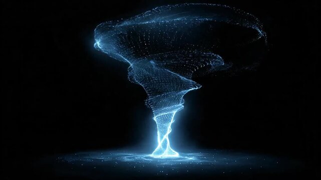 A swirling vortex of blue light particles rises against a dark background, resembling a digital tornado.