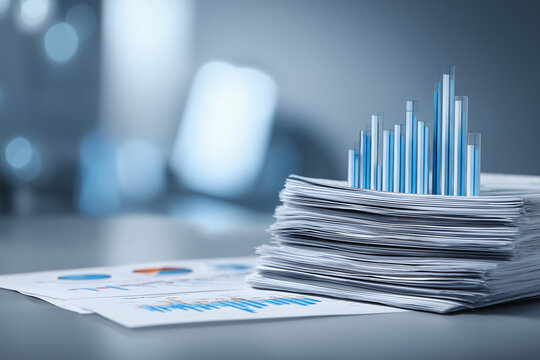 Preparing report. Blue graphs and charts. Business reports and pile of documents on gray reflection background