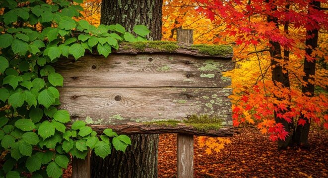 Rustic wooden signboard amidst vibrant autumn forest foliage, offering directional clues and seasonal beauty