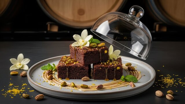 Gourmet chocolate brownies with pistachios and vanilla flowers under a glass cloche