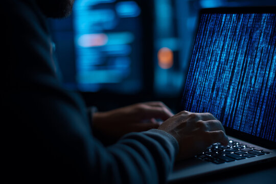Secure data protection and network security systems. VPN connections and zero trust security. Man using laptop computer with an encrypted data security system
